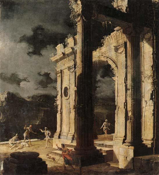 An architectural capriccio with figures amongst ruins,under a stormy night sky, Leonardo Coccorante